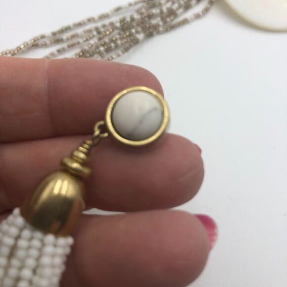 White Shell Beaded Necklace and White Beaded Dangling Pierced Earring Set - Picture 7 of 12